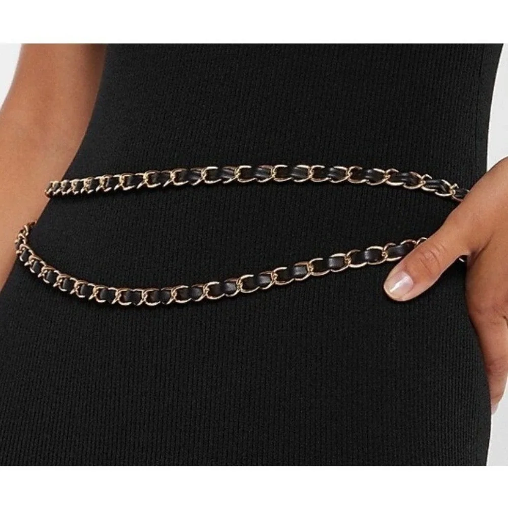 Express Double Rope Faux Leather‎ Chain Belt S/M Black Gold Indie Sleaze